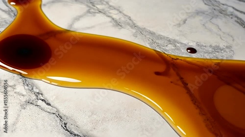 A close-up view of spilled coffee on a marble countertop, showcasing the smooth surface and rich texture