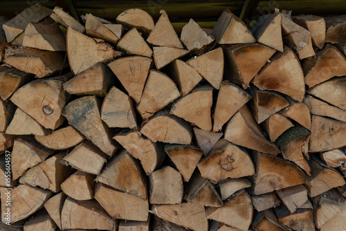 Side detail of split beech firewood. 
