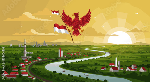 The sunset in the background enhances the feeling of peace and unity, while the Indonesian pride is clearly represented.