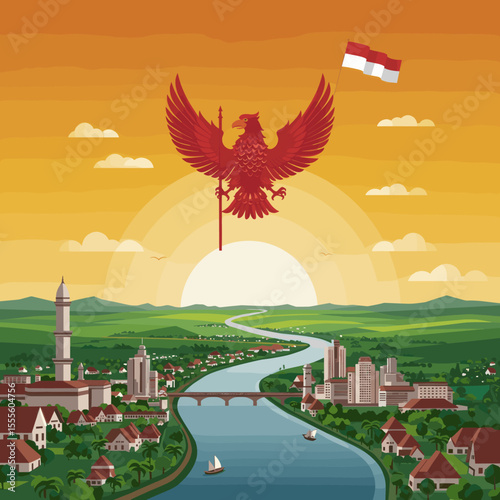 The sunset in the background enhances the feeling of peace and unity, while the Indonesian pride is clearly represented.