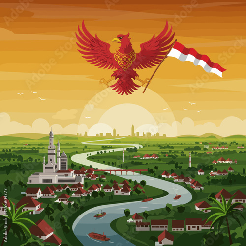 The sunset in the background enhances the feeling of peace and unity, while the Indonesian pride is clearly represented.