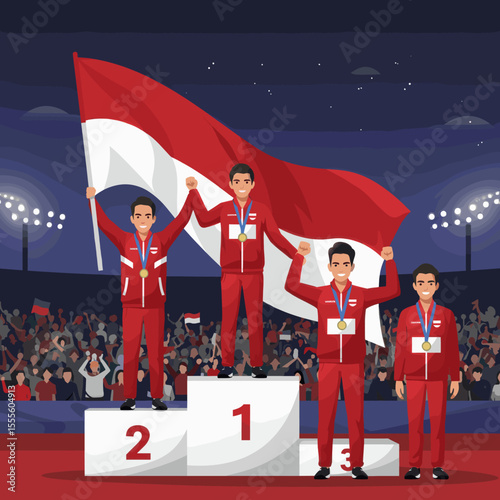 captures a group of athletes celebrating their victory in a sports competition. The athletes, proudly wearing their red uniforms and medals, are standing on a podium with the Indonesian flag waving pr