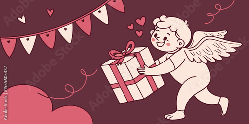 A happy cupid, gift, heart, and red ribbon in 3D, used for Valentine's Day , 14 February love messages and ads in dark purple  background vector illustration.
