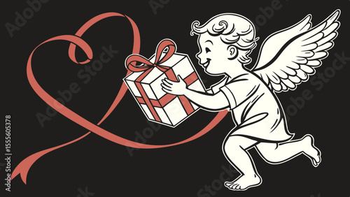 A happy cupid, gift, heart, and red ribbon in 3D, used for Valentine's Day , 14 February love messages and ads in dark black background vector illustration.