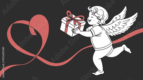 A happy cupid, gift, heart, and red ribbon in 3D, used for Valentine's Day , 14 February love messages and ads in dark black background vector illustration.
