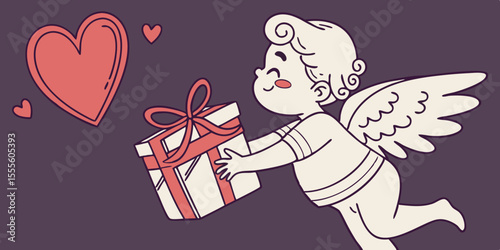 A happy cupid, gift, heart, and red ribbon in 3D, used for Valentine's Day , 14 February love messages and ads in dark purple background vector illustration.