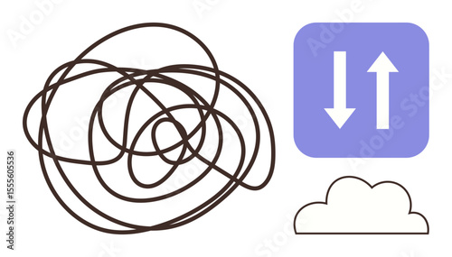 Tangled line symbolizing confusion beside cloud with data exchange arrows in purple block. Ideal for communication, technology, problem-solving, data storage, innovation, workflow, chaos management