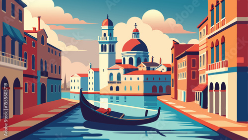 Gondola on a canal with buildings and a tower in the distance landscape illustration
