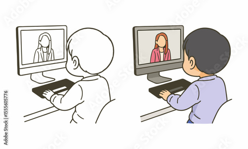 people doing video call coloring page for kids