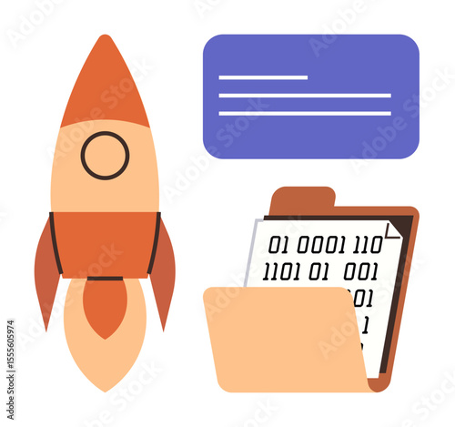 Rocket beside a digital file containing binary code and a text box. Ideal for innovation, startup, technology, data, digital communication, coding, progress. Simple flat metaphor