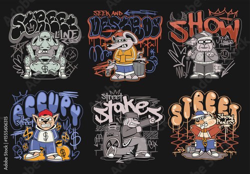 Urban graffiti vector set. Graffiti t-shirt designs bundle for print. Streetwear graphic tee shirt design,
Graffiti art t-shirt design bundle, urban culture with street style graphic set