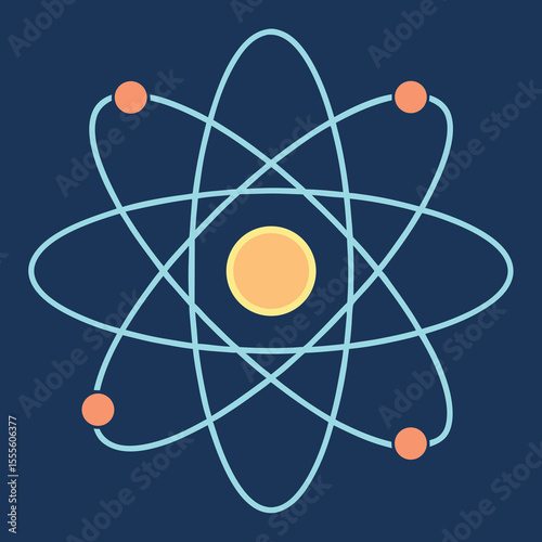 Stylized abstract atom with graceful orbiting elements and vibrant colors
