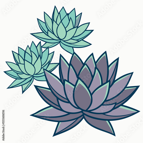 Abstract succulent garden design with cool teal and dusty purple hues