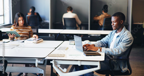 Obraz na plátně Business person, laptop and coworking in office for journalist career, research and typing