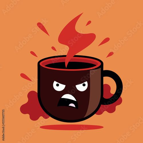Angry coffee mug slamming down with coffee splash explosion