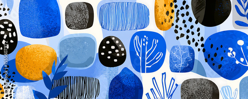 Abstract contemporary collage featuring blue and white tones with geometric and organic shapes combined in a textured layout with modern minimal decorative style
