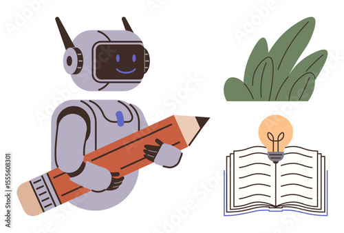 Robot holding pencil symbolizes AI creativity lightbulb on open book reflects ideas and learning. Ideal for education, innovation, tech, AI, knowledge-sharing, writing, progress. Simple flat metaphor