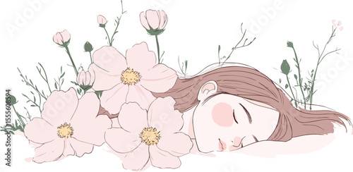 Sleeping Beauty Surrounded by Flowers Dreamy Illustration for Relaxation and Peace