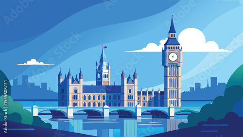 View of houses of parliament and big ben over the river thames landscape illustration