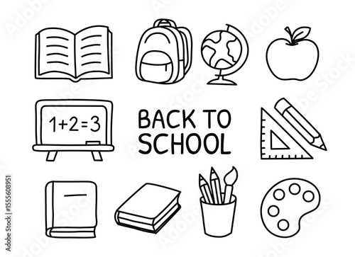 Set of black and white doodle icons with school theme including books, backpack, globe, chalkboard, pencil, paint, and more. Perfect for educational content, stationery, or kids' design.