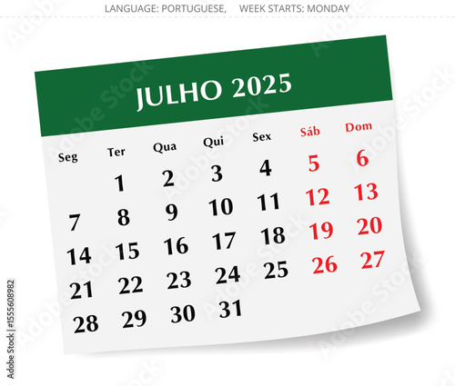 July PORTUGUESE monthly calendar for 2025 year. Vector illustration paper design for Portugal