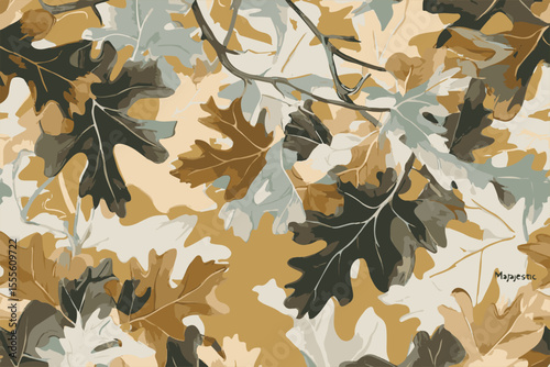 Forest camouflage. Tree branches, leaves. Hunting camouflage with maple leaves texture. Pattern for clothing, various products.