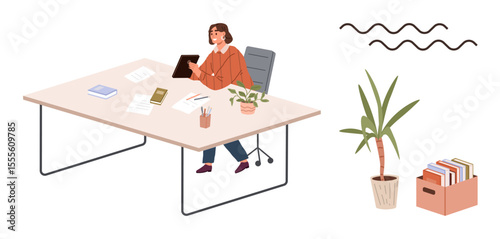 Woman seated at a desk using a tablet, surrounded by decor thumbs up a plant, books, and wavy lines. Ideal for work-life balance, productivity, creativity, office culture, remote work focus modern