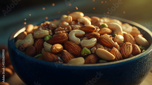 A close-up shot of a bowl filled with a mix of almonds, cashews, and walnuts. The warm lighting enhances the rich, natural colors of the nuts.