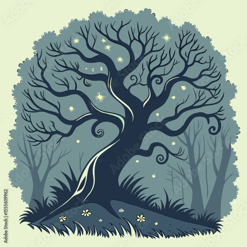 An enchanted tree with twisted branches, glowing fireflies surrounding it., illustration of a tree vector tree