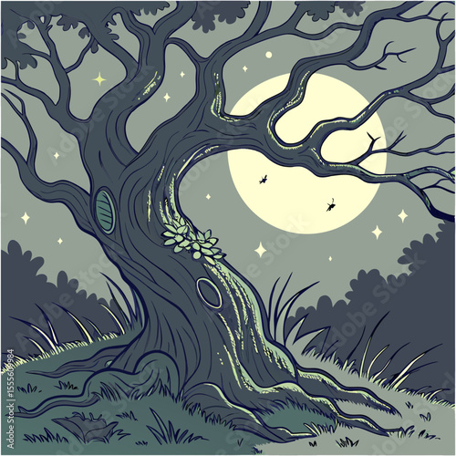 An enchanted tree with twisted branches, glowing fireflies surrounding it., illustration of a tree vector tree