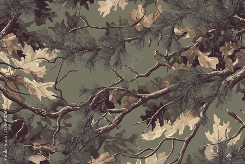 Realistic forest camouflage. Seamless pattern. Tree, branches, green and brown oak leaves.  green background. Useable for hunting and military purposes.