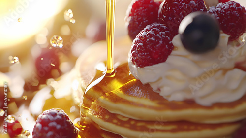 Golden syrup drizzles over fluffy pancakes, topped with whipped cream and fresh raspberries. A delicious breakfast treat!