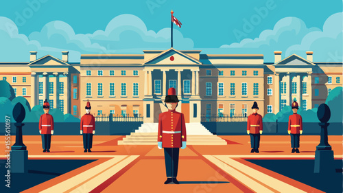 Guards standing in front of a building with a flag on top landscape illustration