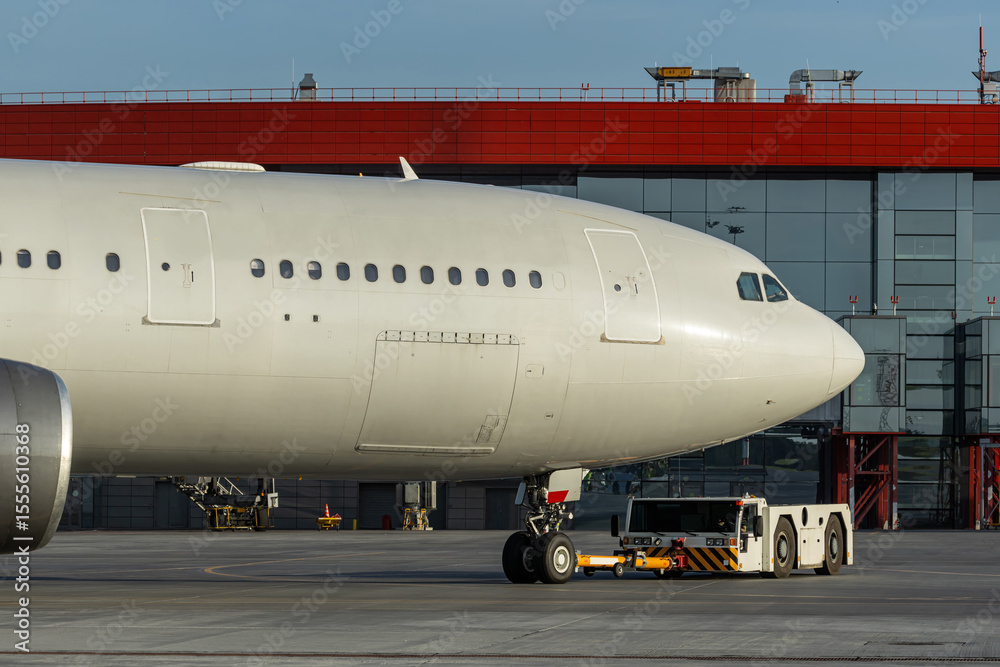 Fototapeta premium The tractor is towing the wide body passenger airplane