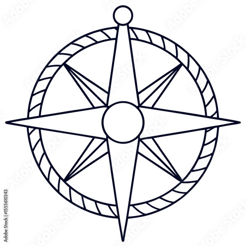 Adult coloring page featuring a detailed compass rose with nautical elements