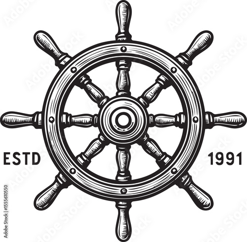 Ornate ships wheel emblem with established year