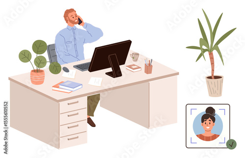 Man on phone at desk with computer, plants, books, and office items nearby. Digital profile card for identity verification. Ideal for work, technology, productivity, remote tasks office culture