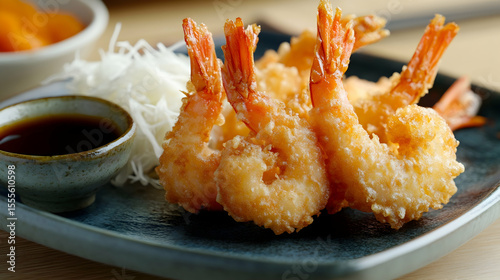 Crispy fried shrimp served with a side of shredded cabbage and dipping sauce. A delicious and visually appealing dish, perfect for a restaurant or home meal.