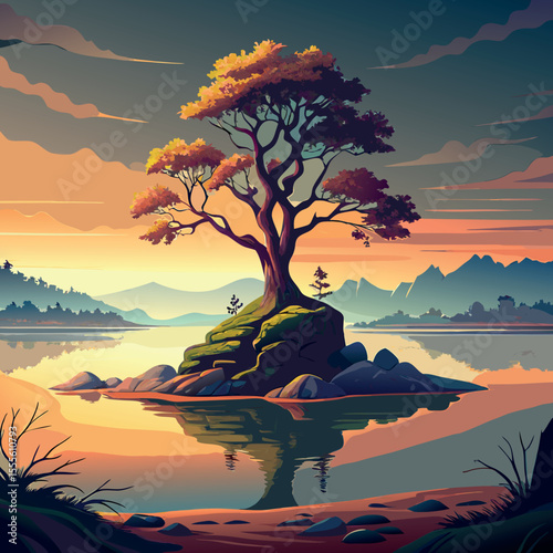 Detailed vector close up of a solitary tree in full bloom