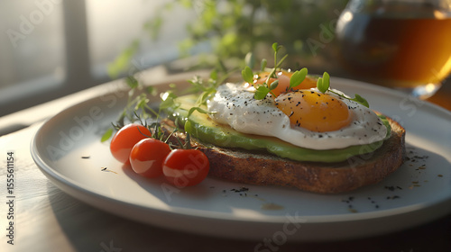 A delicious avocado toast topped with perfectly poached eggs, garnished with fresh herbs and cherry tomatoes. A healthy and visually appealing breakfast or brunch option.