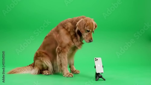 Golden retriever sitting beside a smartphone on a stand against a green screen backdrop