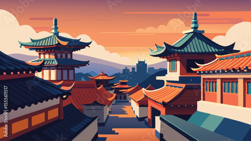 A view of traditional buildings with mountains in the distance landscape illustration