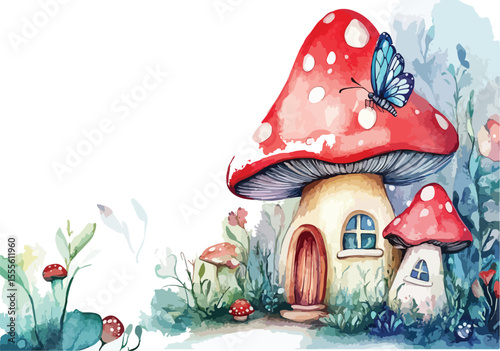 Enchanted Watercolor Mushroom House with Butterfly and Flowers