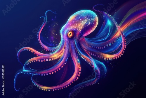 Glowing neon kraken swirling in vibrant colors against a dark backdrop, showcasing intricate tentacles and mesmerizing patterns