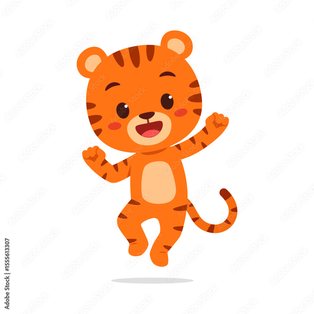 Fototapeta premium Cute Cartoon Tiger Cub Cheerful and Jumping with Joy on Isolated White Background Vector Illustration