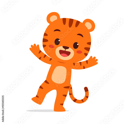 Cute Tiger Cub Cartoon Character Raising Arms with Happy Expression in Illustration