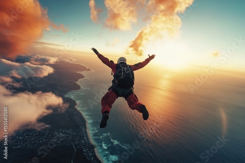 Parachutist experiences exhilarating free fall during stunning sunset above the ocean