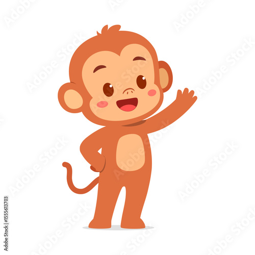 Cartoon Monkey Waving with Happy Expression on White Background Illustration