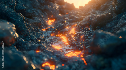 Glowing embers illuminate a dark, rocky stream at sunset. The contrast between the fiery orange and deep blue creates a dramatic and captivating scene.