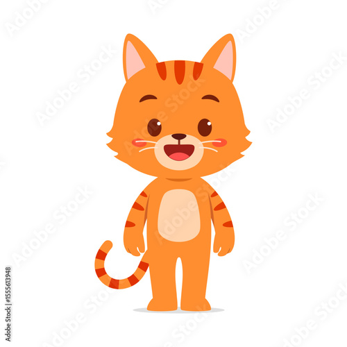 Cute Orange Cartoon Cat Standing and Smiling on White Background Full Body Illustration